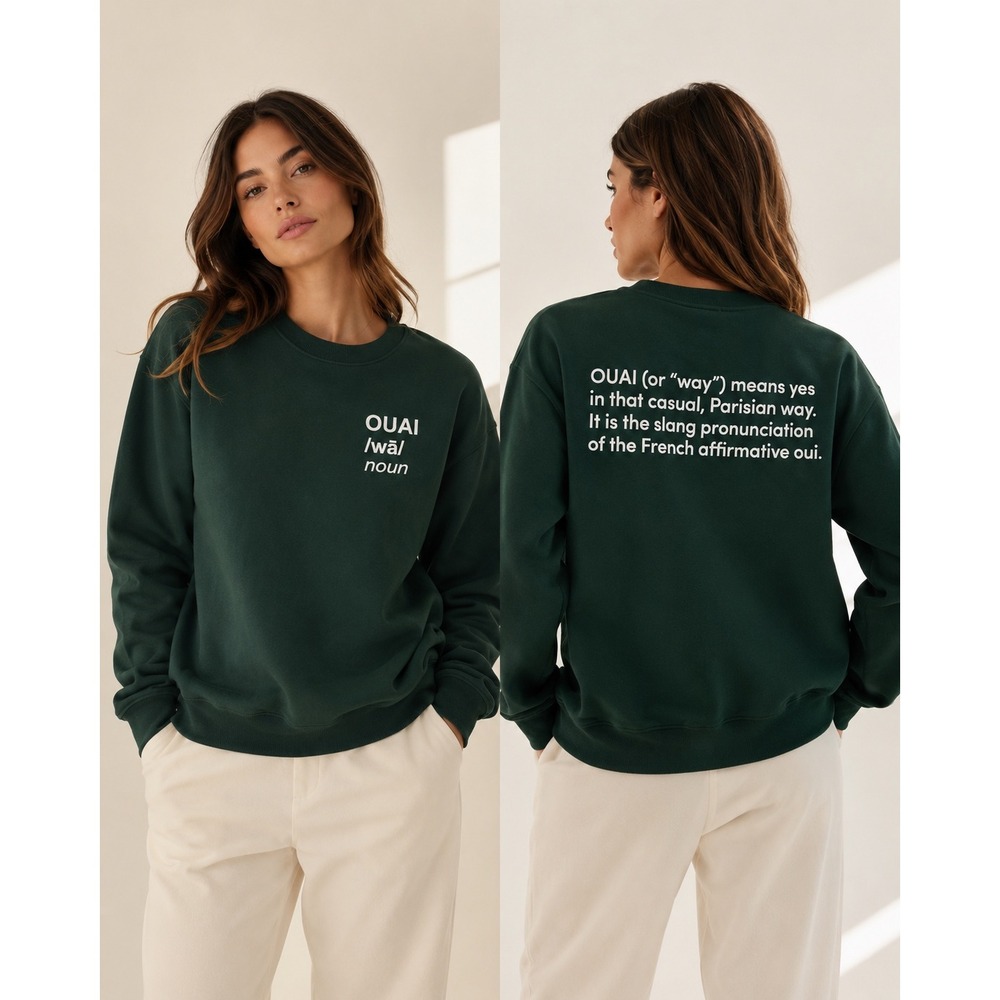 OUAI Haircare Parisian Way Graphic Crewneck Sweatshirt Dark Green